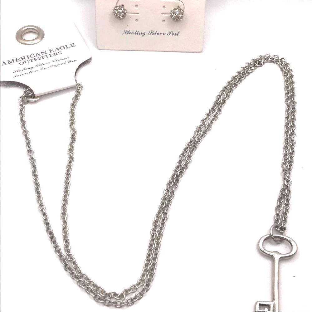 American Eagle O. Silver Key Pendant Necklace and Earrings Set